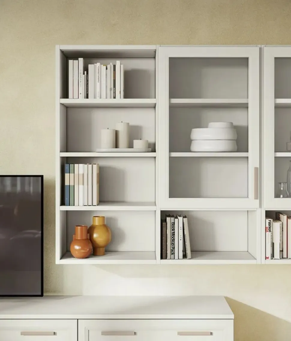Parete attrezzata classica con librerie e vetrine sospese linea Motivi disponibile in vari colori