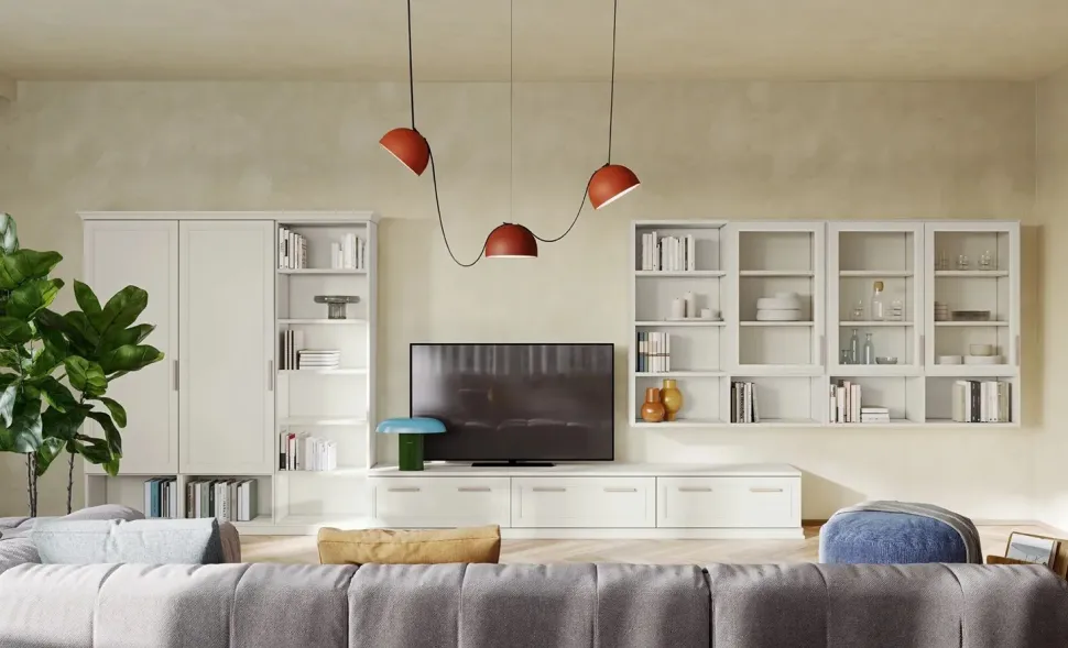 Parete attrezzata classica con librerie e vetrine sospese linea Motivi disponibile in vari colori