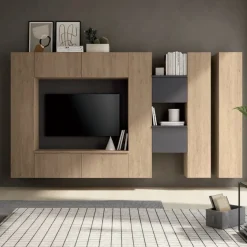 Parete attrezzata componibile sospesa Rovere chiaro e Grigio Madrid linea Zafferano 15 colorazioni