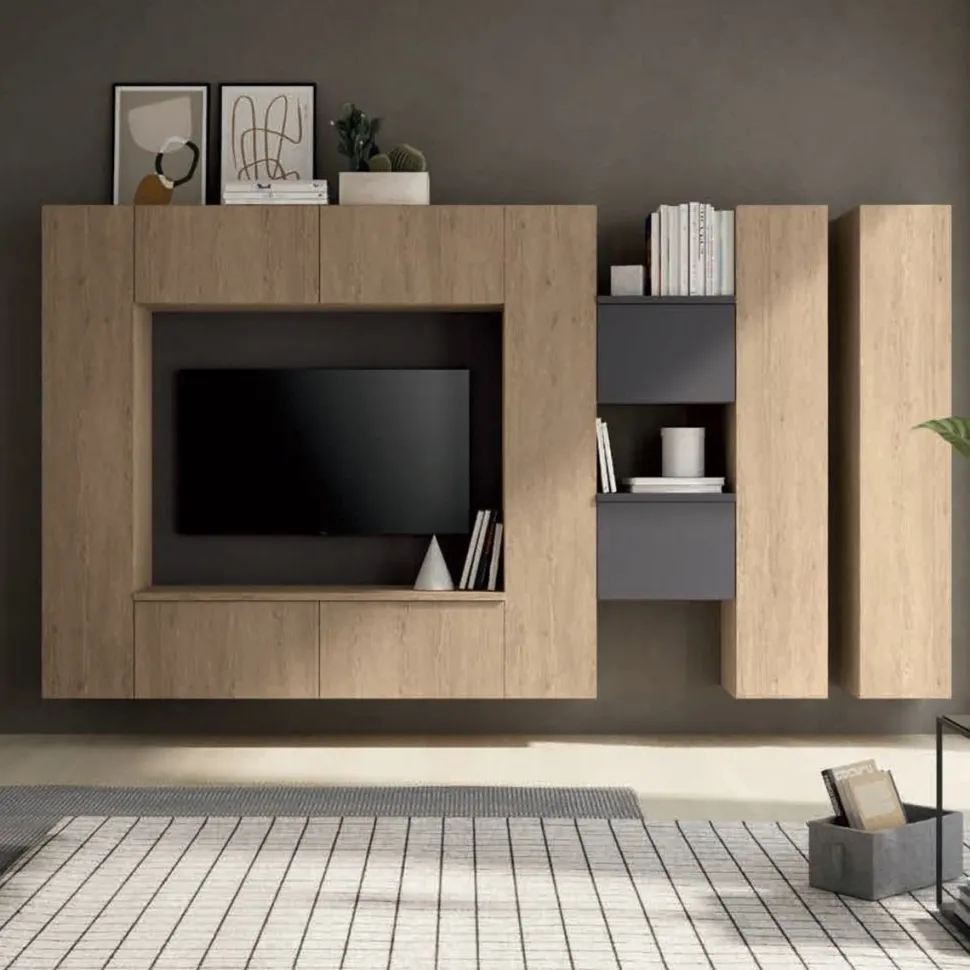 Parete attrezzata componibile sospesa Rovere chiaro e Grigio Madrid linea Zafferano 15 colorazioni