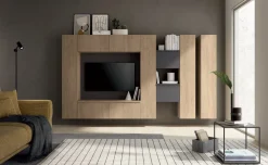 Parete attrezzata componibile sospesa Rovere chiaro e Grigio Madrid linea Zafferano 15 colorazioni
