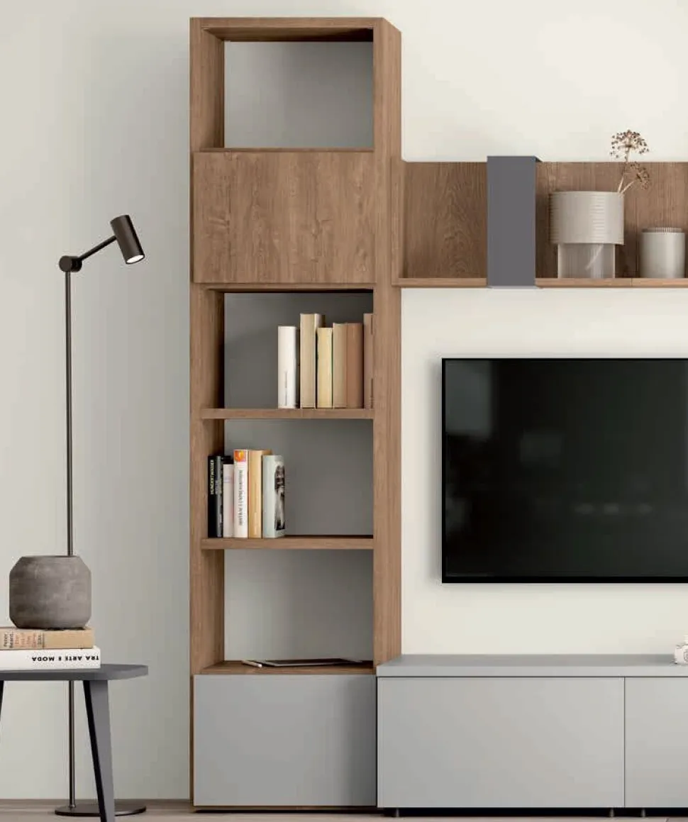 Parete attrezzata componibile Rovere e Grigio chiaro Paris linea Zafferano 15 colorazioni