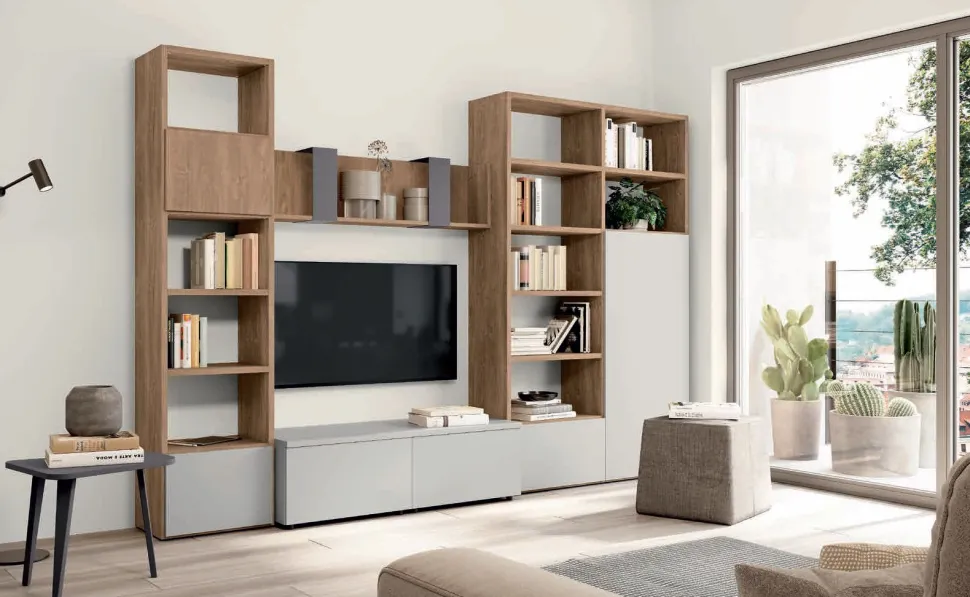 Parete attrezzata componibile Rovere e Grigio chiaro Paris linea Zafferano 15 colorazioni
