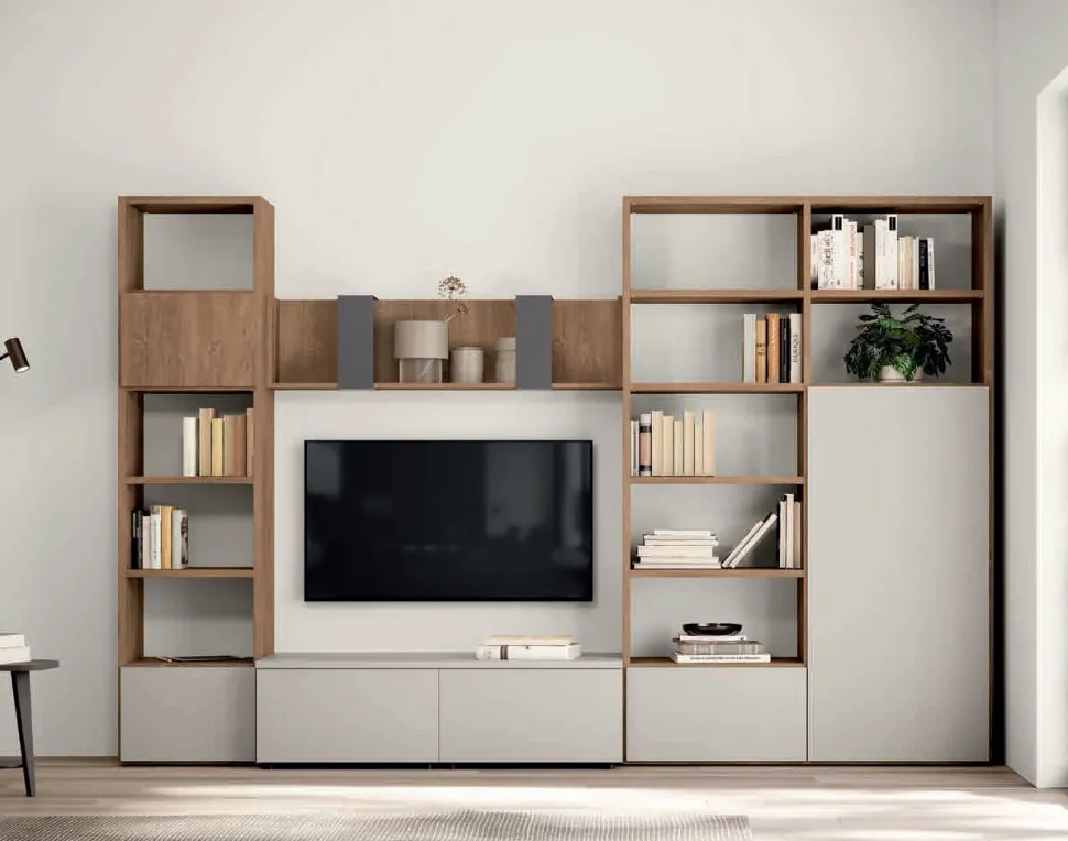 Parete attrezzata componibile Rovere e Grigio chiaro Paris linea Zafferano 15 colorazioni