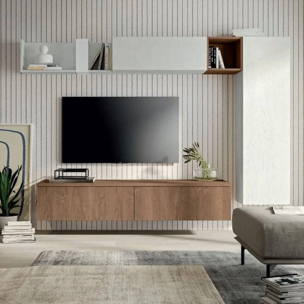 Parete attrezzata componibile sospesa Bianco Opaco e Rovere Susan linea Zafferano 15 colorazioni