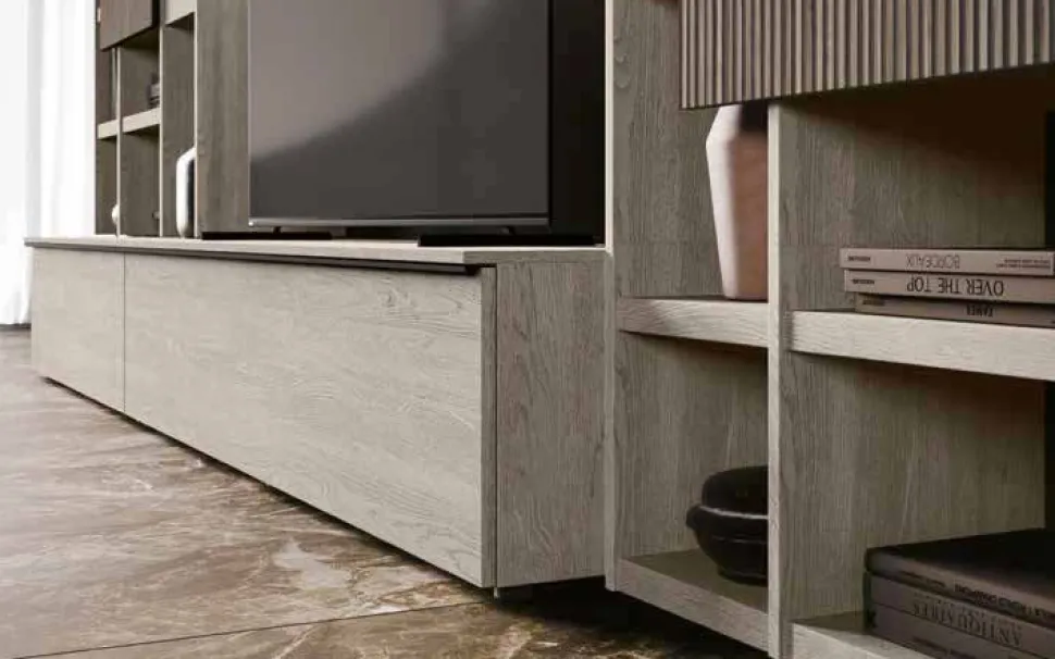 Parete attrezzata componibile moderna con librerie e ante a sbalzo disponibile in vari colori