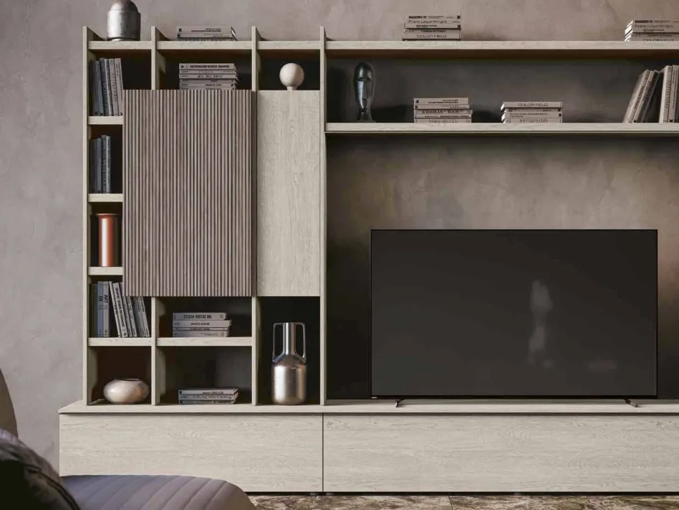 Parete attrezzata componibile moderna con librerie e ante a sbalzo disponibile in vari colori