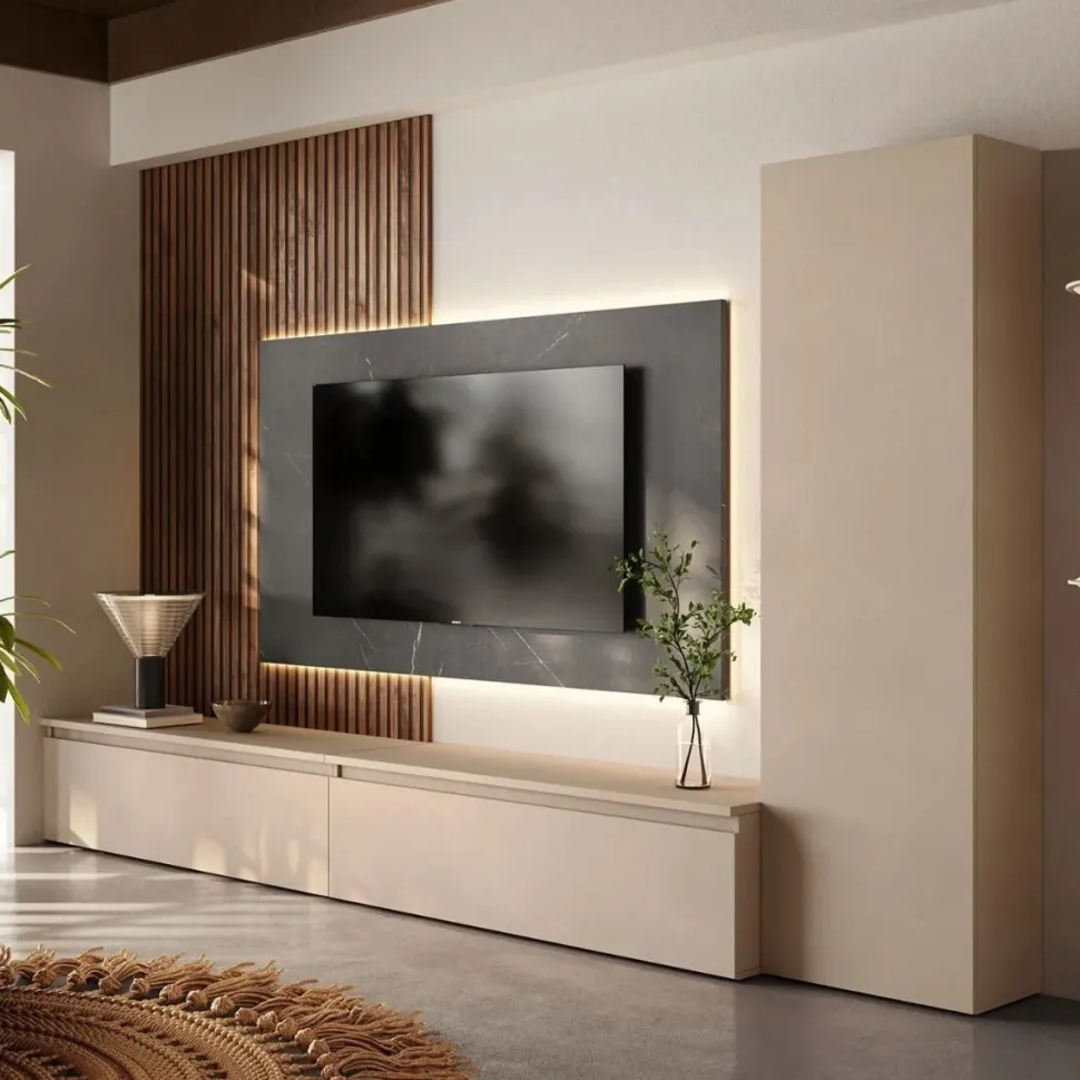 Parete attrezzata con Boiserie e pannello tv sospeso e cassettoni in finitura Cashmere e Mercure