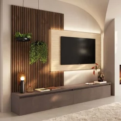 Parete attrezzata con boiserie, cassettoni e pannello porta tv in Cadiz cannettato e Lava