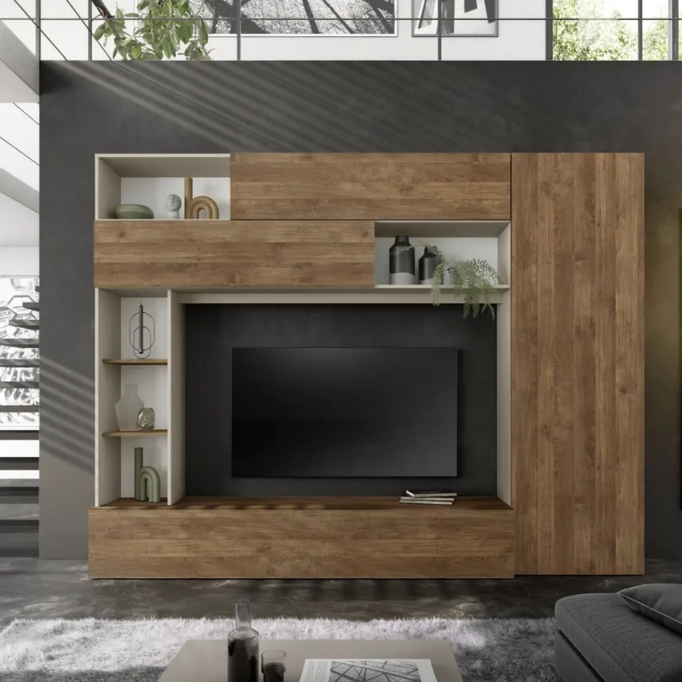 Parete Attrezzata con colonna in Cashmere Opaco e Rovere Mercure con ante Vasistas e Ribalta