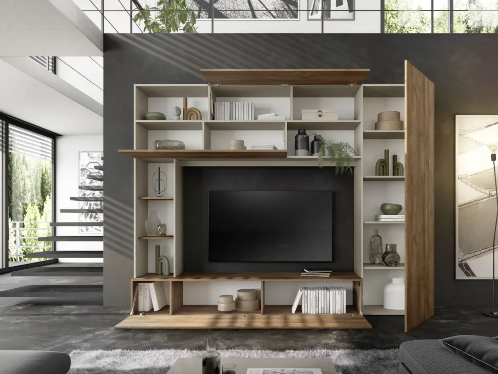 Parete Attrezzata con colonna in Cashmere Opaco e Rovere Mercure con ante Vasistas e Ribalta