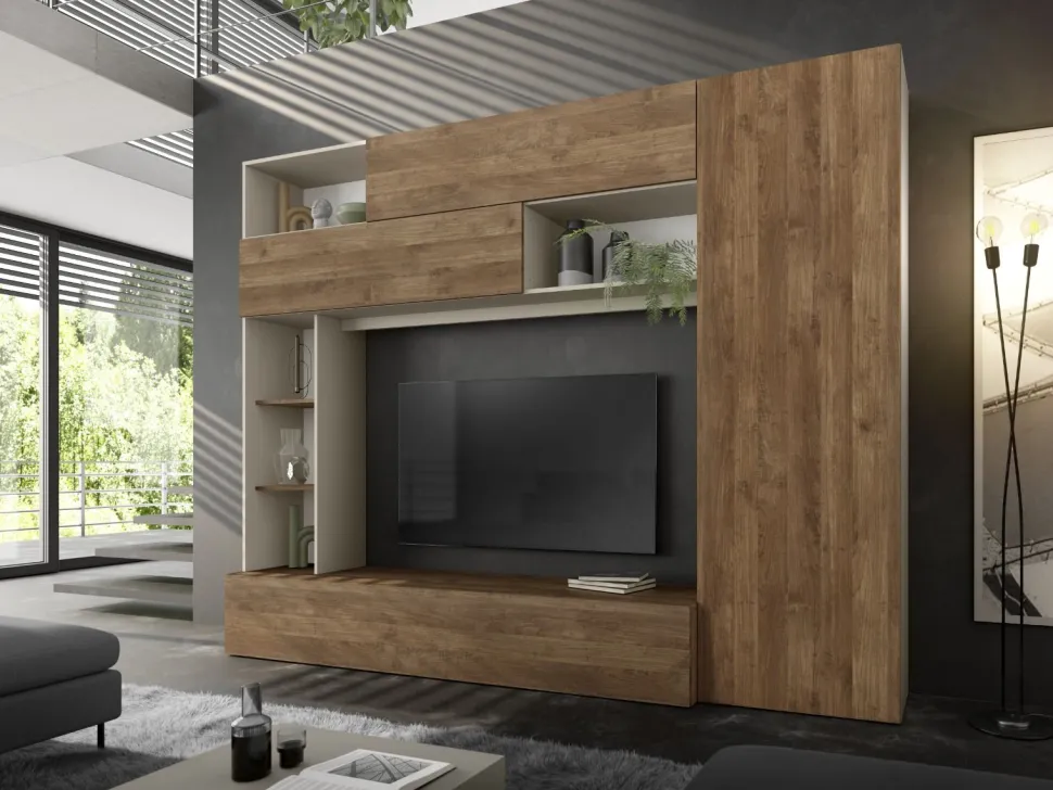 Parete Attrezzata con colonna in Cashmere Opaco e Rovere Mercure con ante Vasistas e Ribalta