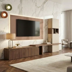 Parete attrezzata con frontali cannettati e pannello tv sospeso in Mercure cannettato, Bronzo e Cashmere