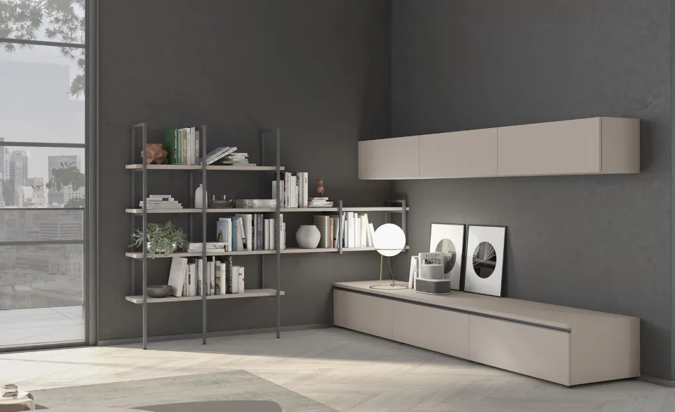 Parete attrezzata con maniglie a gola e libreria con montanti disponibile in vari colori