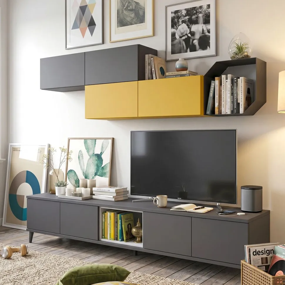 Parete attrezzata con porta tv grigio titanio e pensili zafferano, 15 colorazioni