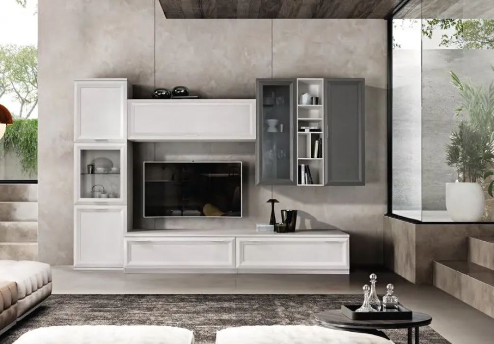 Parete attrezzata Delim linea Prevaling finitura Bianco Frassino e Grigio