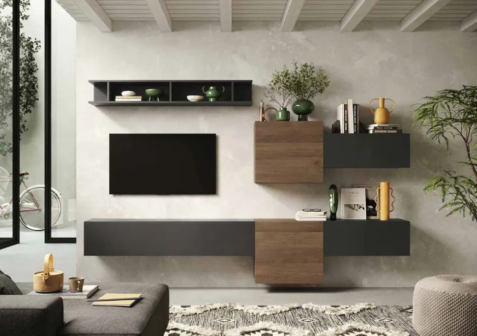 Parete attrezzata Eos linea Arte in finitura Rovere Mercure e Lava