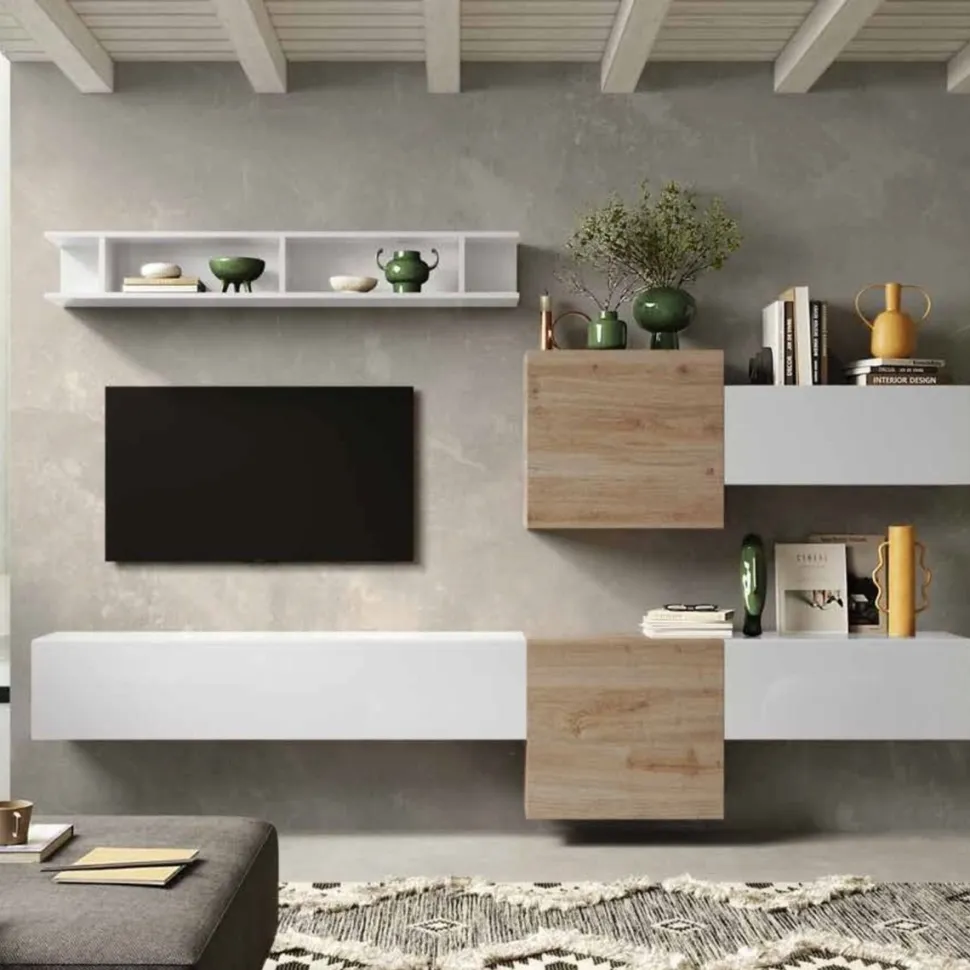 Parete attrezzata Eos linea Arte in finitura Rovere Cadiz e Bianco Lucido
