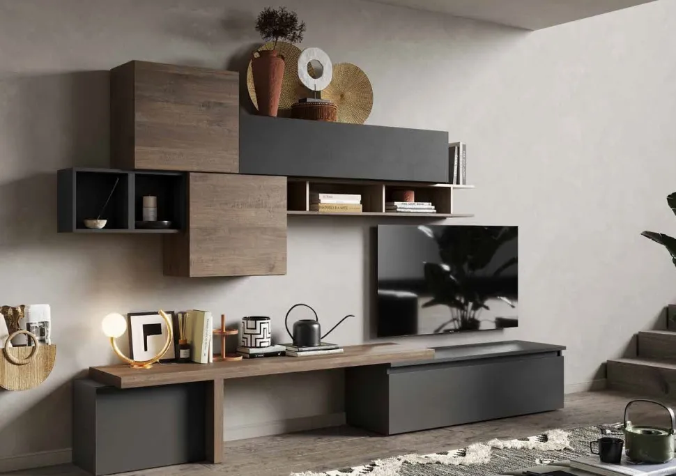 Parete attrezzata Evan linea Arte in finitura Rovere Mercure e Lava
