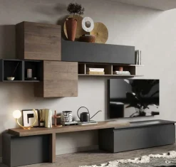 Parete attrezzata Evan linea Arte in finitura Rovere Mercure e Lava