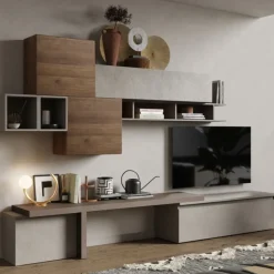 Parete attrezzata Evan linea Arte in finitura Argilla, Rovere Mercure e Bronzo
