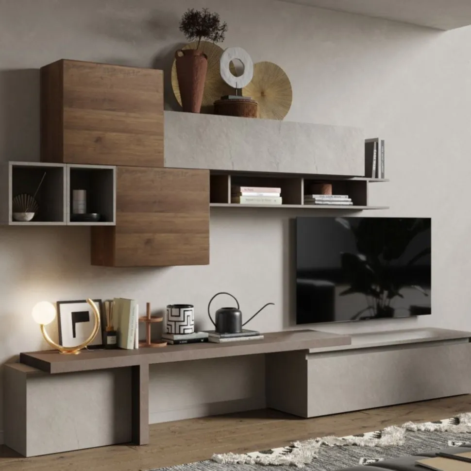 Parete attrezzata Evan linea Arte in finitura Argilla, Rovere Mercure e Bronzo