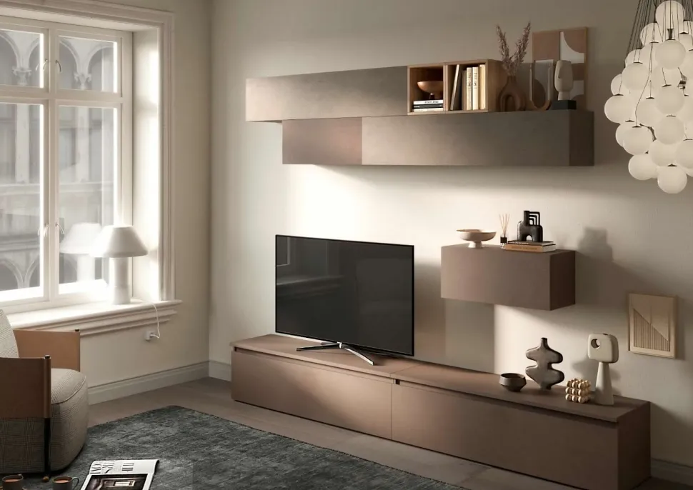 Parete attrezzata Febe linea Arte in finitura Argilla,Bronzo e Rovere Mercure