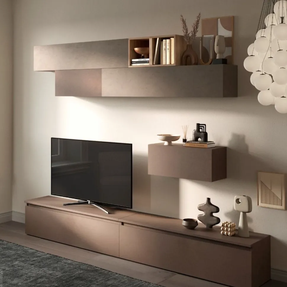 Parete attrezzata Febe linea Arte in finitura Argilla,Bronzo e Rovere Mercure