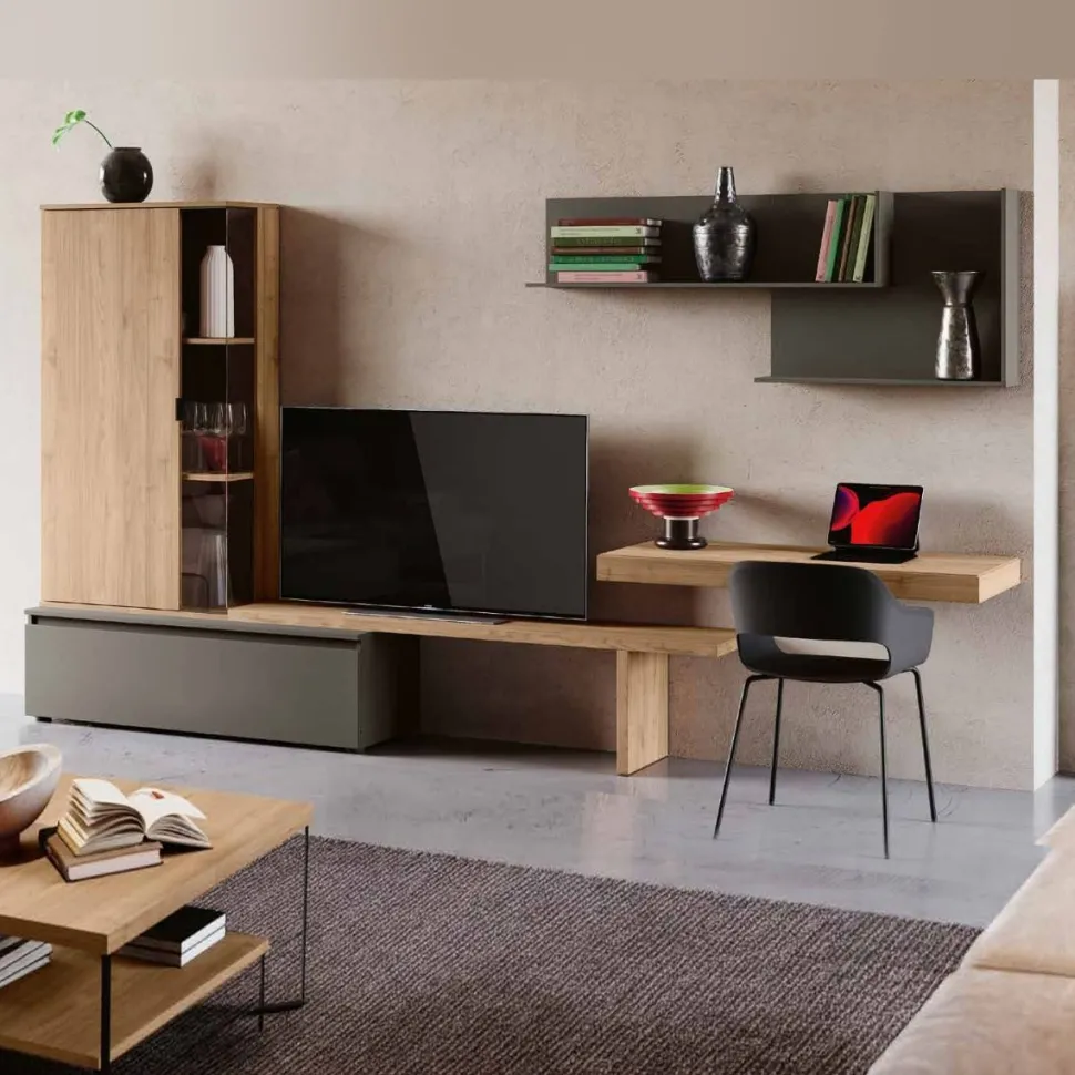Parete attrezzata Grigio cenere e Noce biondo moderna e componibile con scrivania e credenza Marta disponibile in vari colori