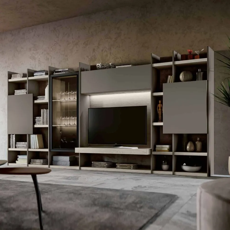 Parete attrezzata Grigio seta componibile e moderna con librerie e vetrina disponibile in vari colori
