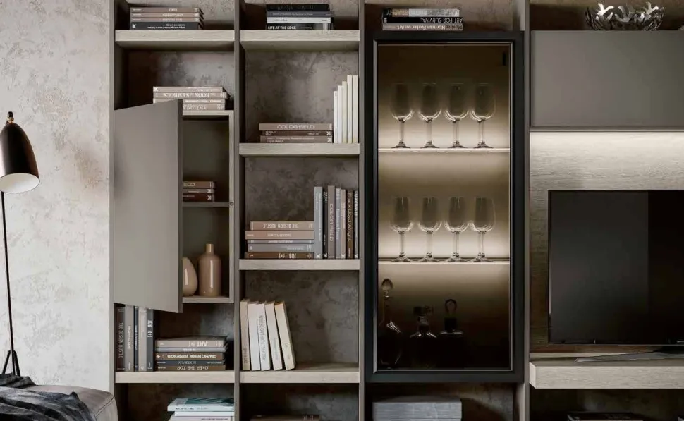 Parete attrezzata Grigio seta componibile e moderna con librerie e vetrina disponibile in vari colori