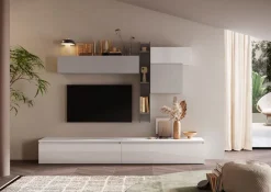 Parete attrezzata Kosmos linea Arte in finitura Gesso, Ardesia e Bianco Lucido