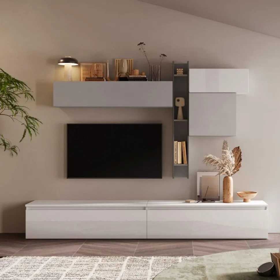 Parete attrezzata Kosmos linea Arte in finitura Gesso, Ardesia e Bianco Lucido