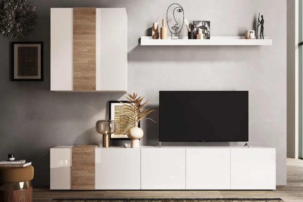 Parete attrezzata linea Olimpo finitura Bianco Lucido e Rovere Kadiz