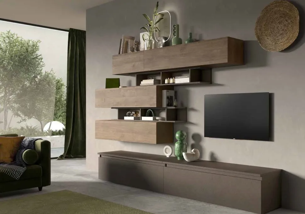 Parete attrezzata Loris linea Arte in finitura Rovere Mercure e Bronzo