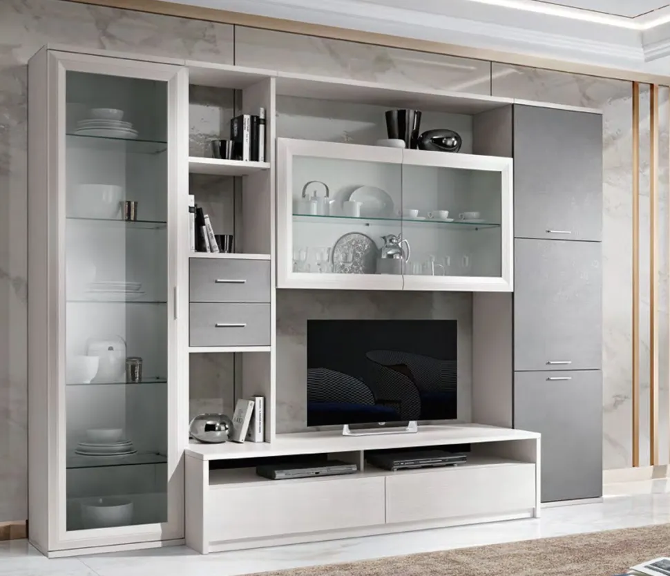 Parete attrezzata Merin linea Prevaling Bianco Frassino e Argento