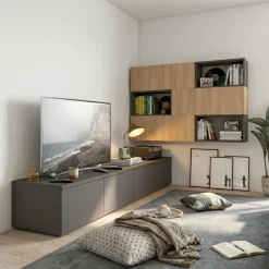 Parete Attrezzata Moderna ad Angolo con Base TV e Vani a Giorno (Colori Personalizzabili)