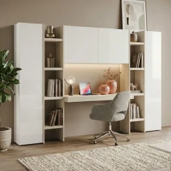 Parete attrezzata moderna Bianco Altea e Bianco Lucido componibile con scrivania sospesa e liberie disponibile in vari colori