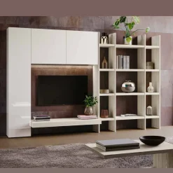 Parete attrezzata moderna Bianco Altea e Bianco Lucido con porta tv sospeso e liberia componibile disponibile in vari colori