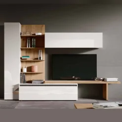 Parete attrezzata moderna Bianca e Noce biondo componibile con Boiserie e panca porta tv disponibile in vari colori