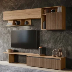 Parete attrezzata moderna Cannettato e Noce biondo componibile con pensili e mensola porta tv disponibile in vari colori
