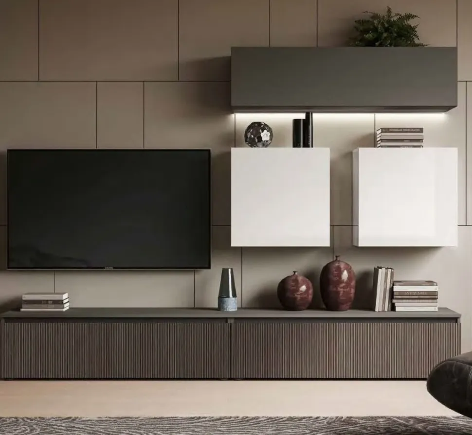Parete attrezzata moderna Cannettato grigio e Bianco componibile con pensili e porta tv con cassetti disponibile in vari colori