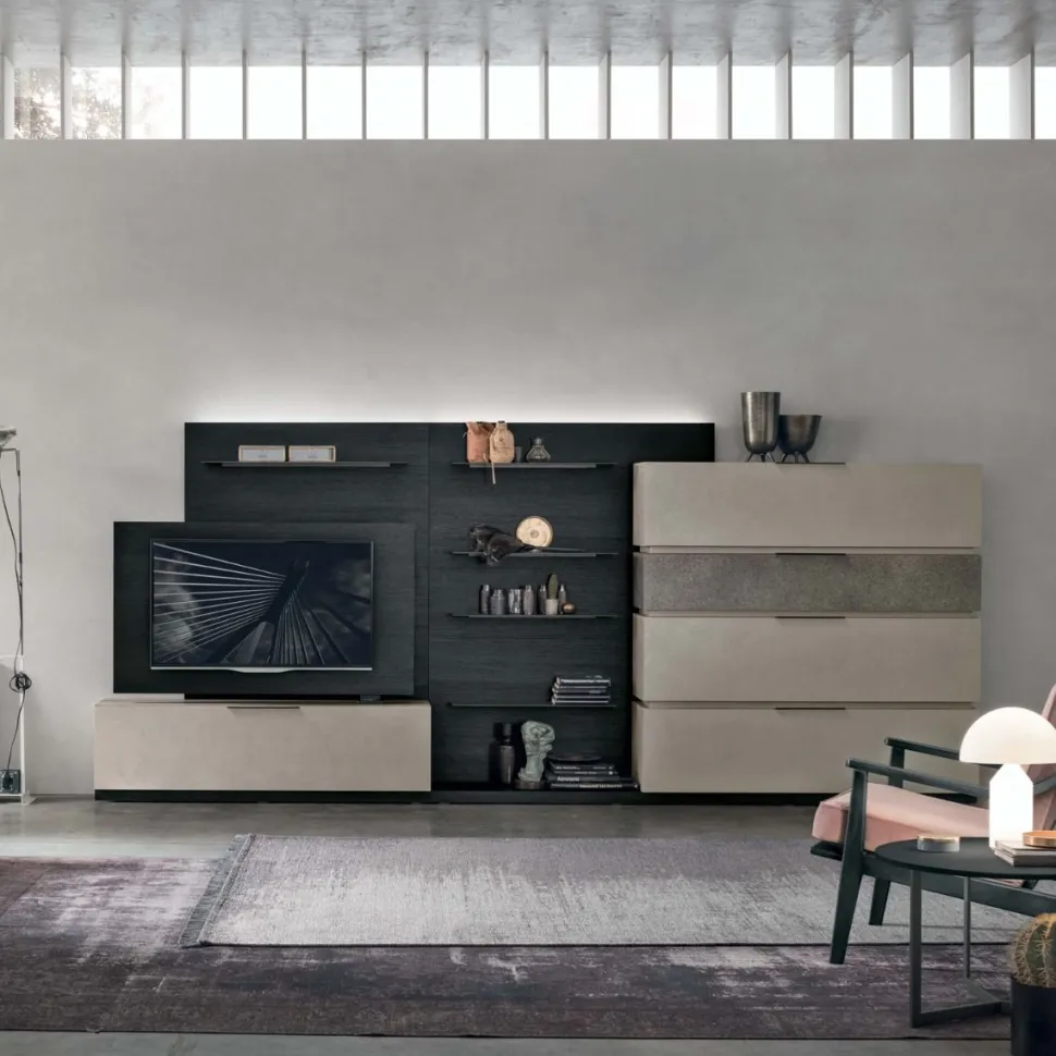 Parete attrezzata moderna componibile con pannello Tv girevole linea Nais disponibile in vari colori