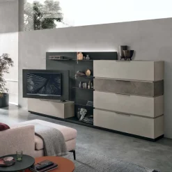 Parete attrezzata moderna componibile con pannello Tv girevole linea Nais disponibile in vari colori