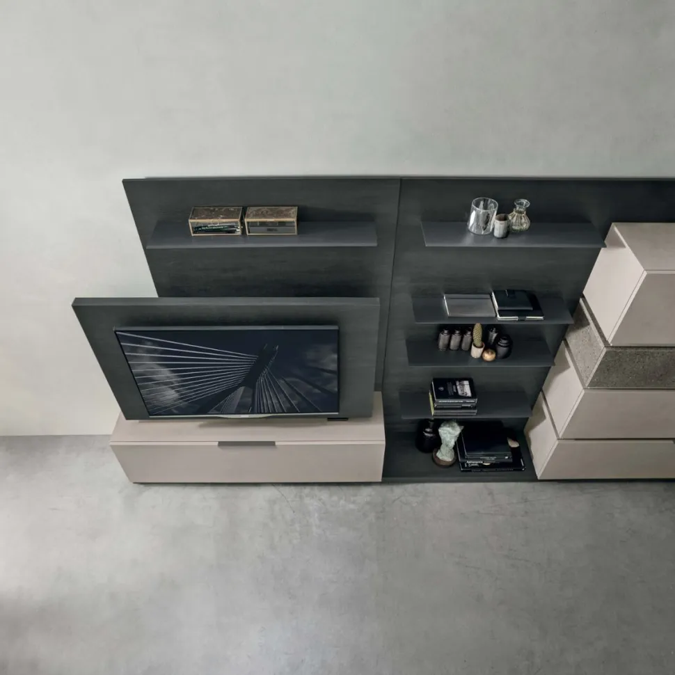 Parete attrezzata moderna componibile con pannello Tv girevole linea Nais disponibile in vari colori