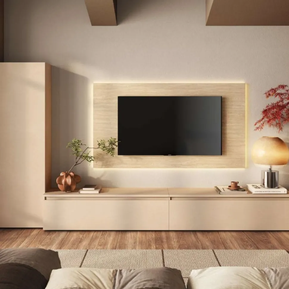 Parete attrezzata moderna con pannello tv sospeso in finitura Cashmere e Travertino nobilitato