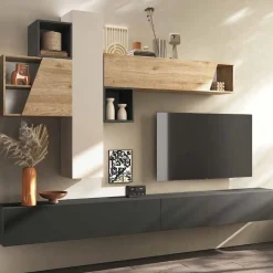 Parete attrezzata moderna con pensili sospesi componibile Ramos disponibile in vari colori