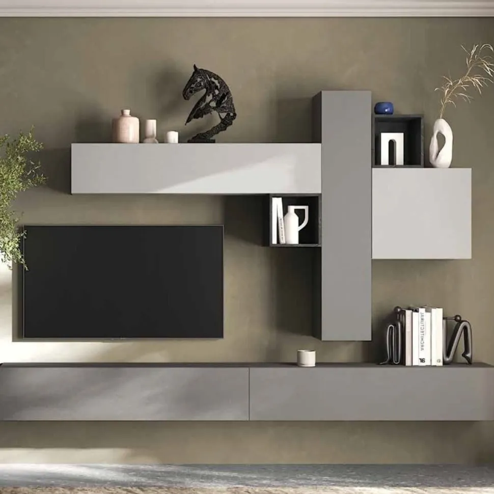Parete attrezzata moderna con pensili sospesi componibile Yanes disponibile in vari colori