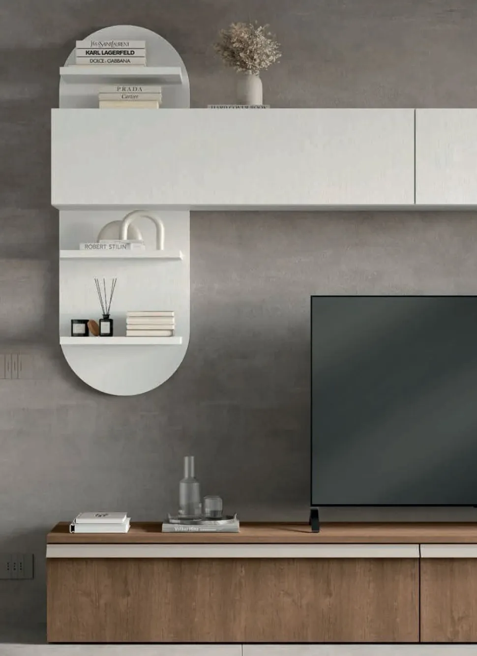 Parete attrezzata moderna componibile con vetrina Bianco Opaco e Rovere Venezia in 15 colorazioni