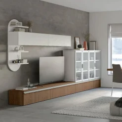Parete attrezzata moderna componibile con vetrina Bianco Opaco e Rovere Venezia in 15 colorazioni